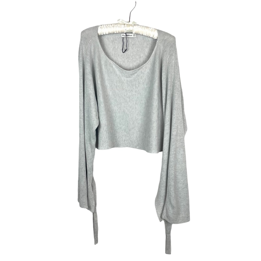 NWOT Zara Knit Grey Viscose Bell Sleeve Ties Crop Top Womens Medium Sweater